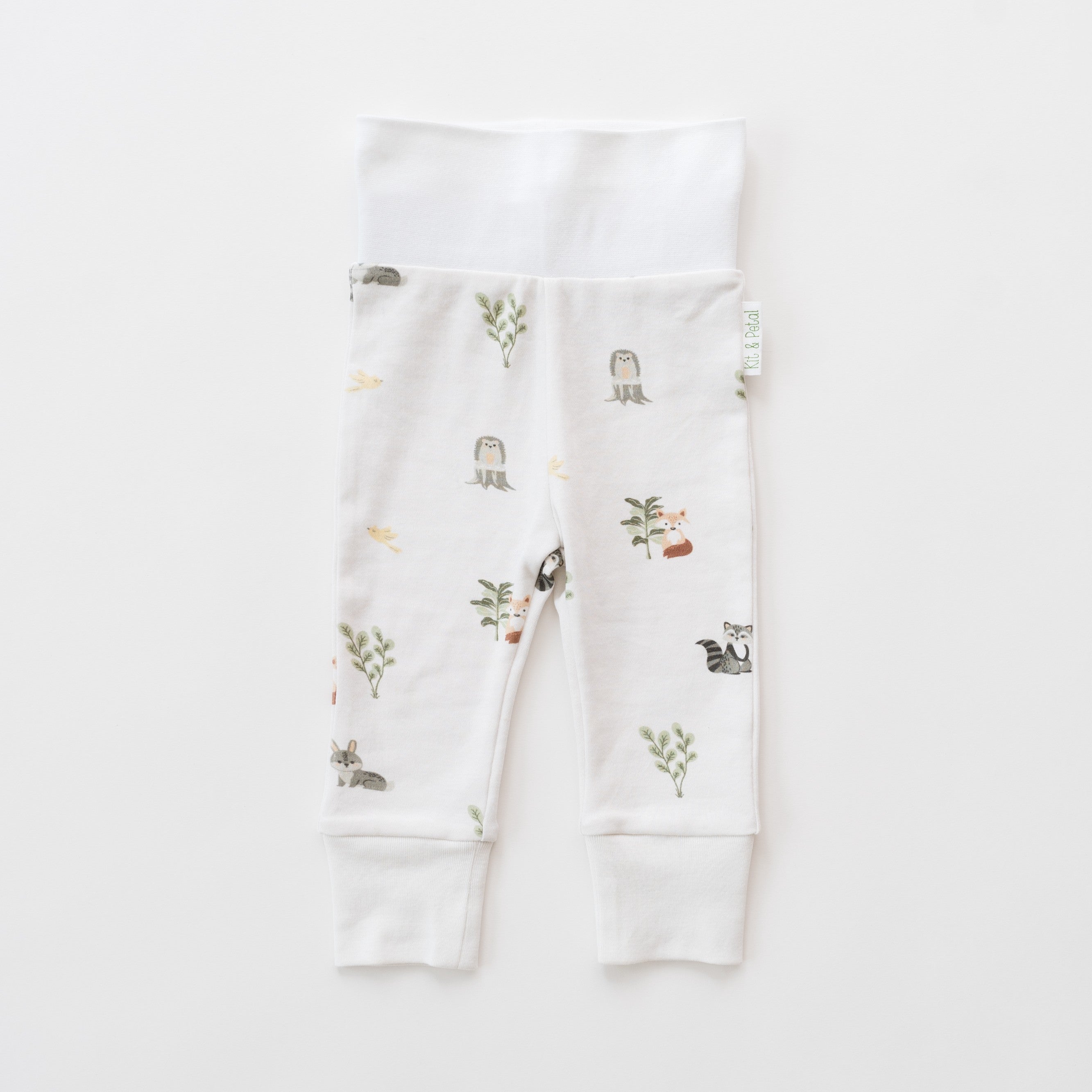Organic cotton baby fold-over pants in forest friends animal print