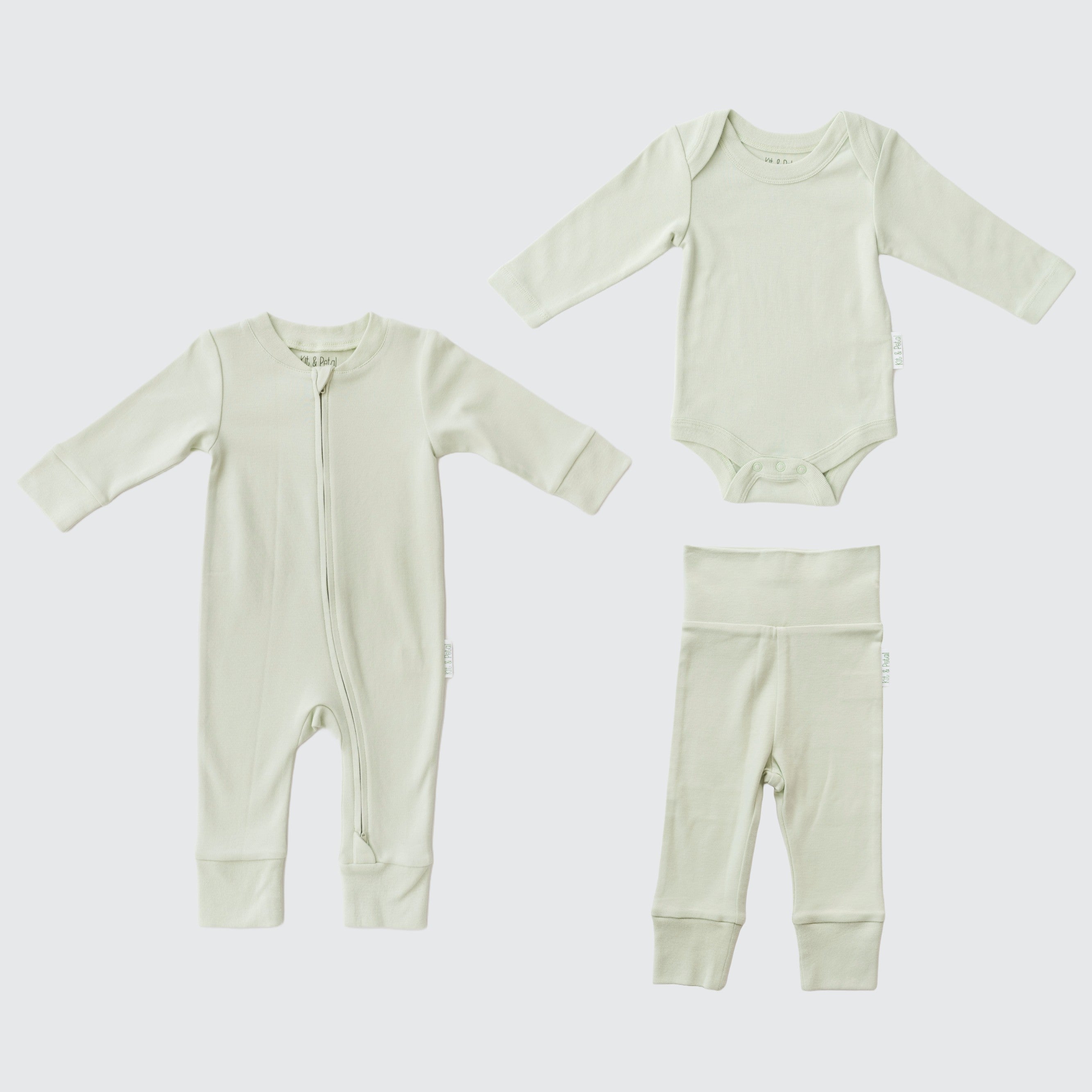 Leafy Green organic cotton baby outfit set with long sleeve romper, long sleeve bodysuit, and fold-over pants.