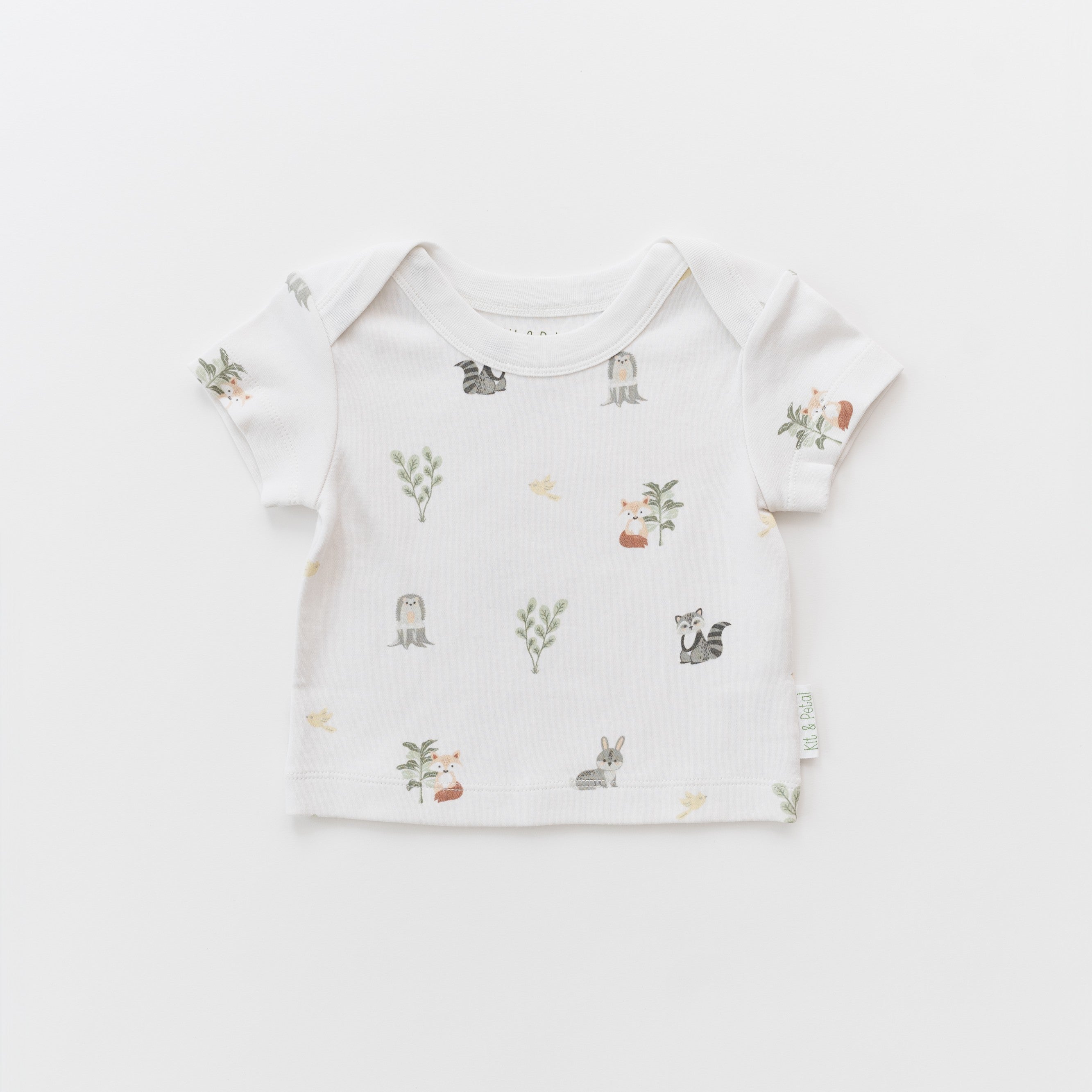Forest Friends organic cotton baby short sleeve shirt featuring woodland animal print.