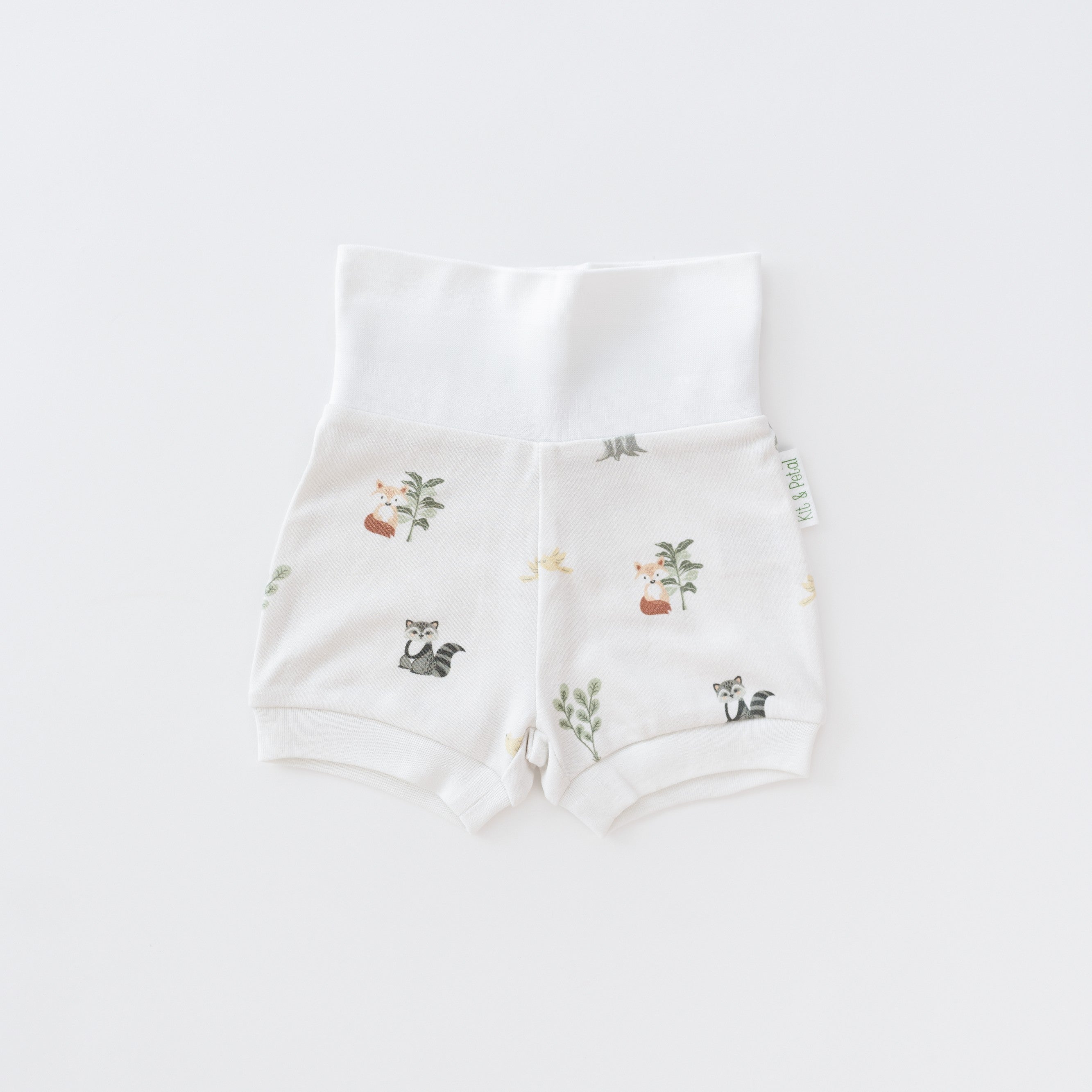 Organic cotton baby fold-over shorts in forest friends animal print