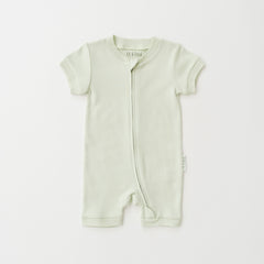 Organic cotton baby romper in leafy green, short sleeve design