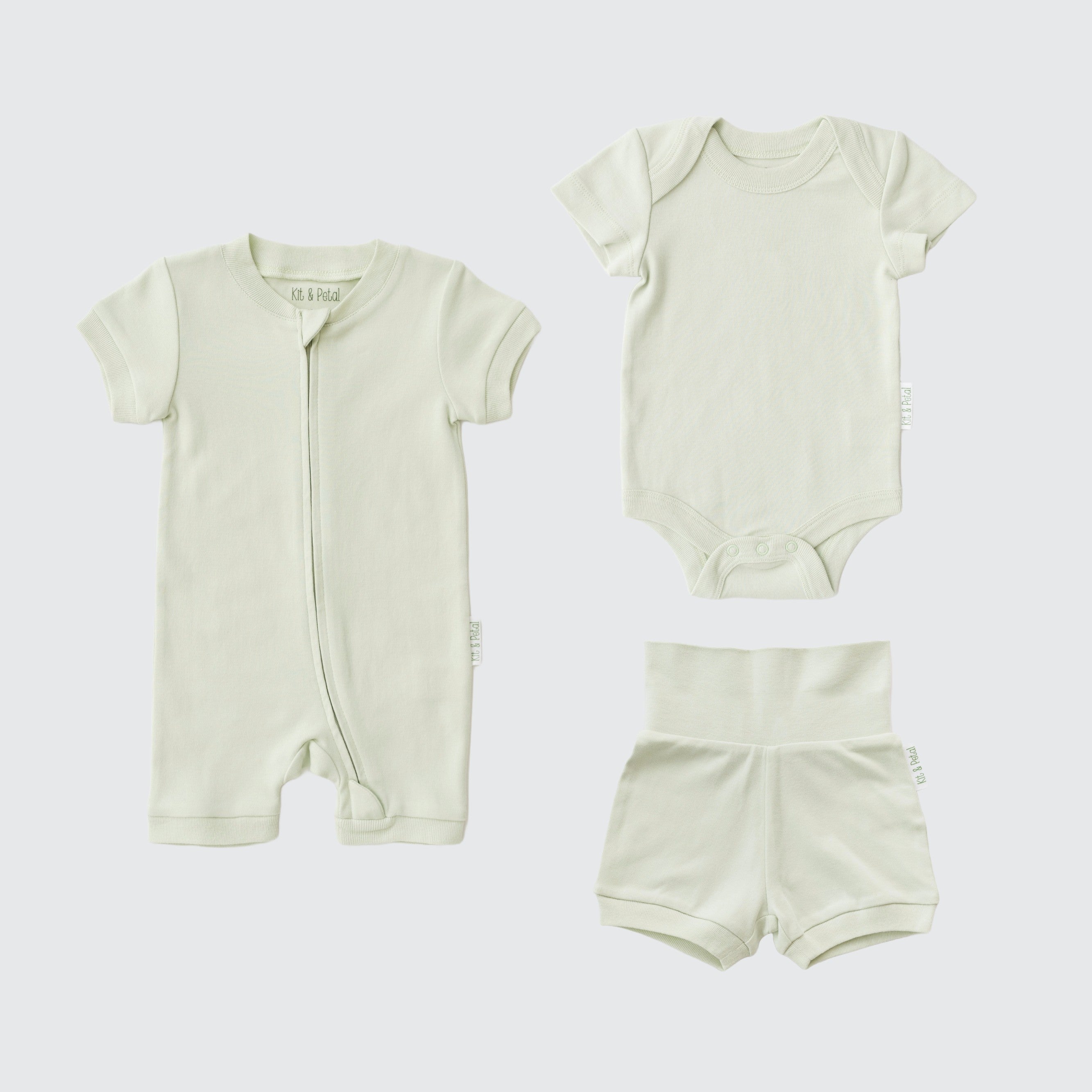 Kit & Petal Everyday Play Bundle in Leafy Green, made with soft organic cotton and including a bodysuit, romper, and fold-over pants