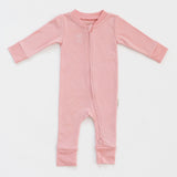 Long sleeve romper in pink with white bunny outline embroidery on the chest