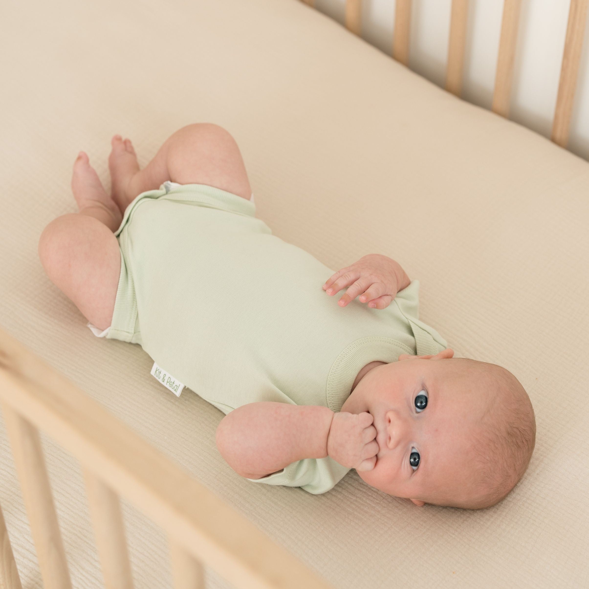 Baby lying in crib wearing leafy green organic cotton short sleeve bodysuit