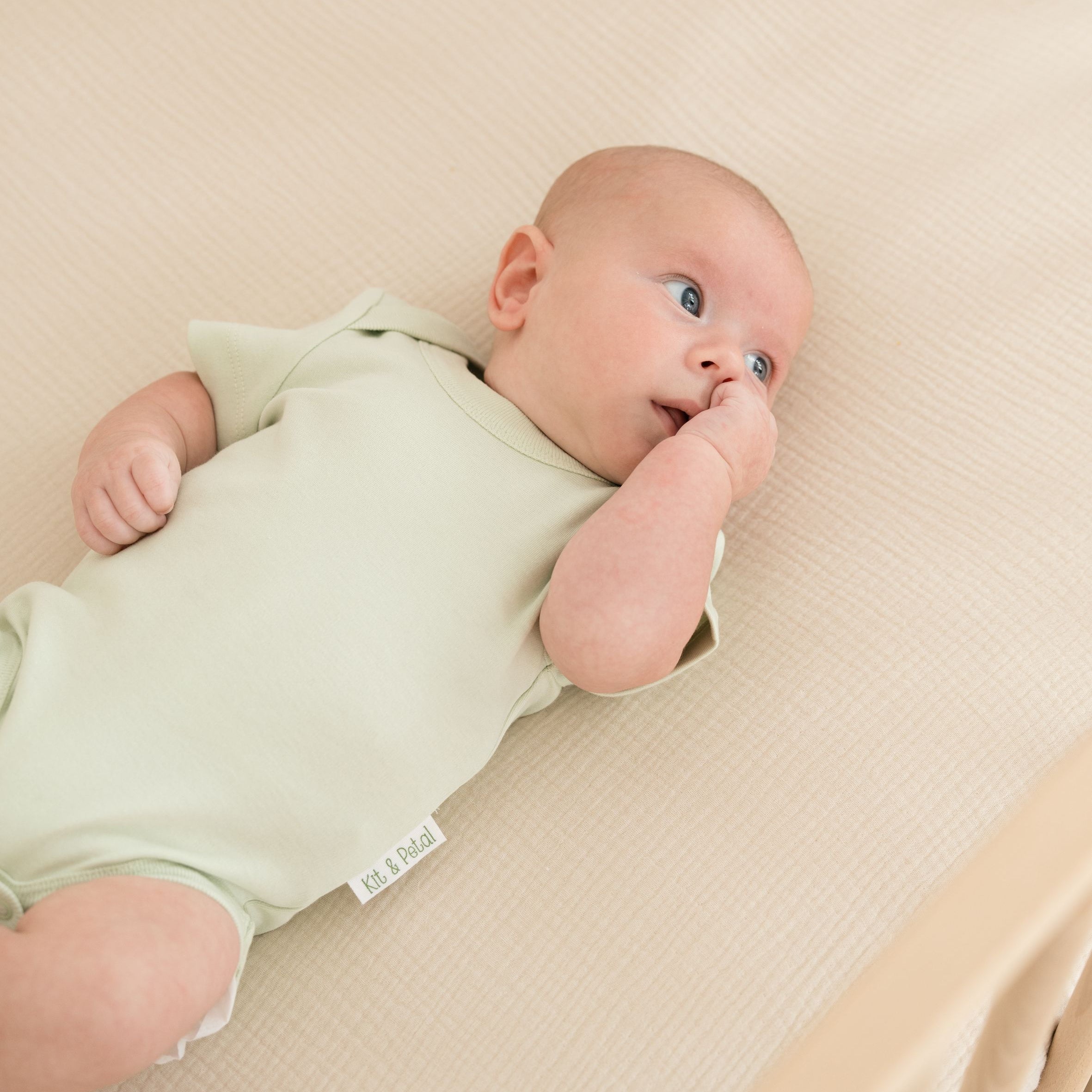 Baby lying in crib wearing leafy green organic cotton short sleeve bodysuit