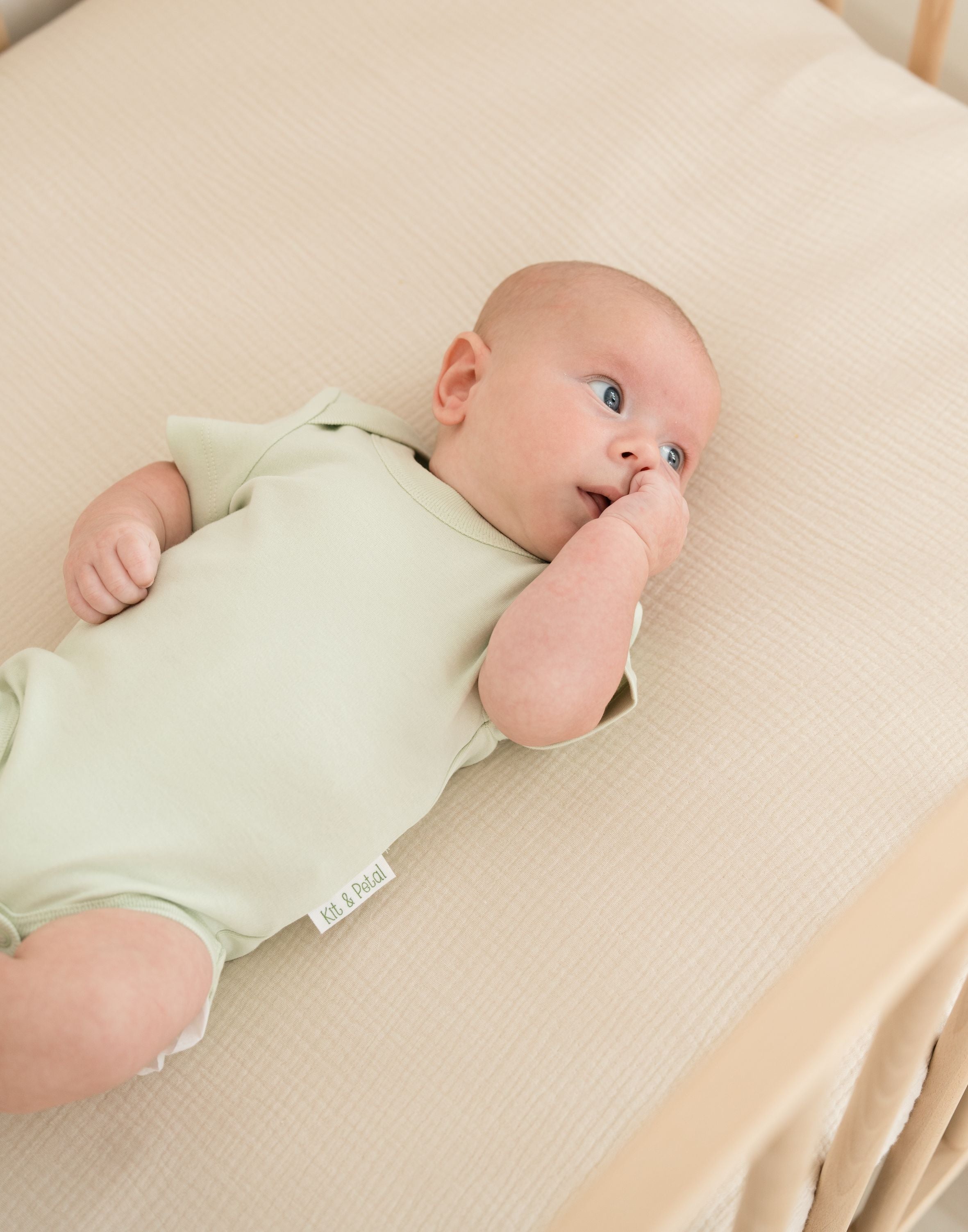 Baby lying in crib wearing leafy green organic cotton short sleeve bodysuit