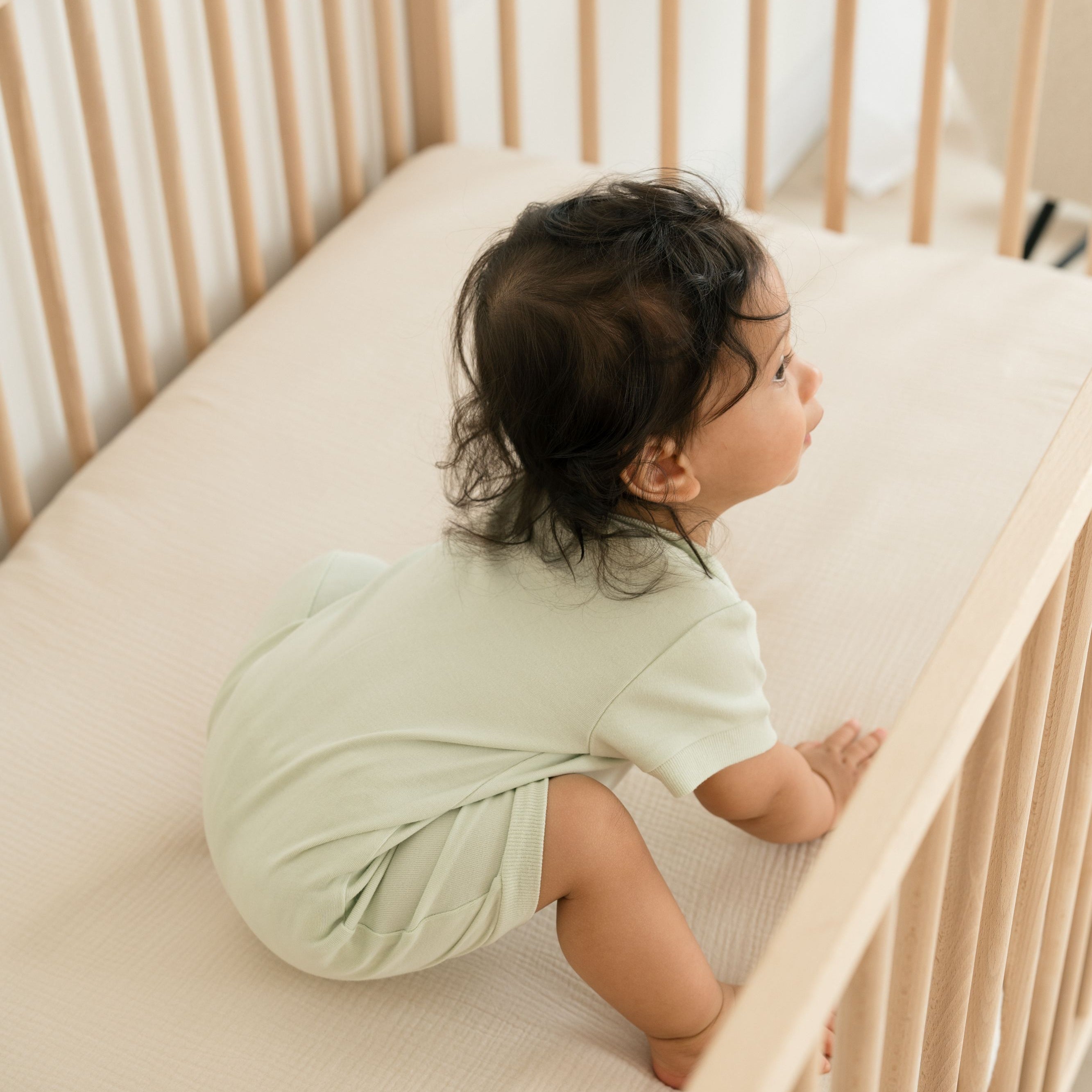 Baby sitting in crib wearing leafy green organic cotton short sleeve romper