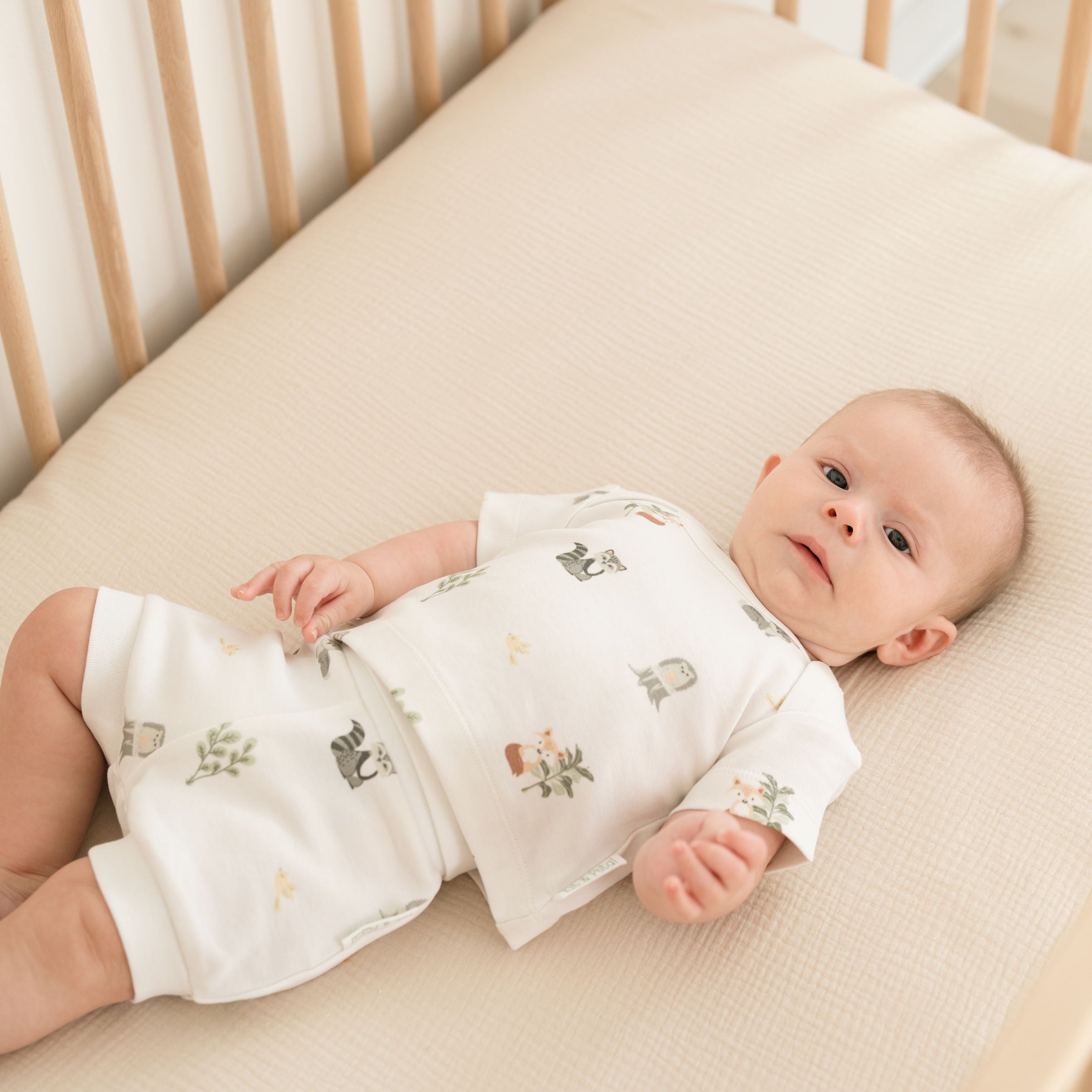 Baby in crib wearing forest friends organic cotton short sleeve shirt and matching fold-over shorts
