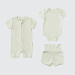 Leafy green organic cotton baby outfit set with short sleeve romper, short sleeve bodysuit, and fold-over shorts.