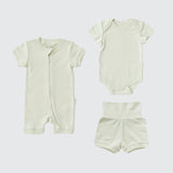 Leafy green organic cotton baby outfit set with short sleeve romper, short sleeve bodysuit, and fold-over shorts.