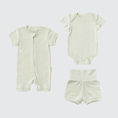 Leafy green organic cotton baby outfit set with short sleeve romper, short sleeve bodysuit, and fold-over shorts.