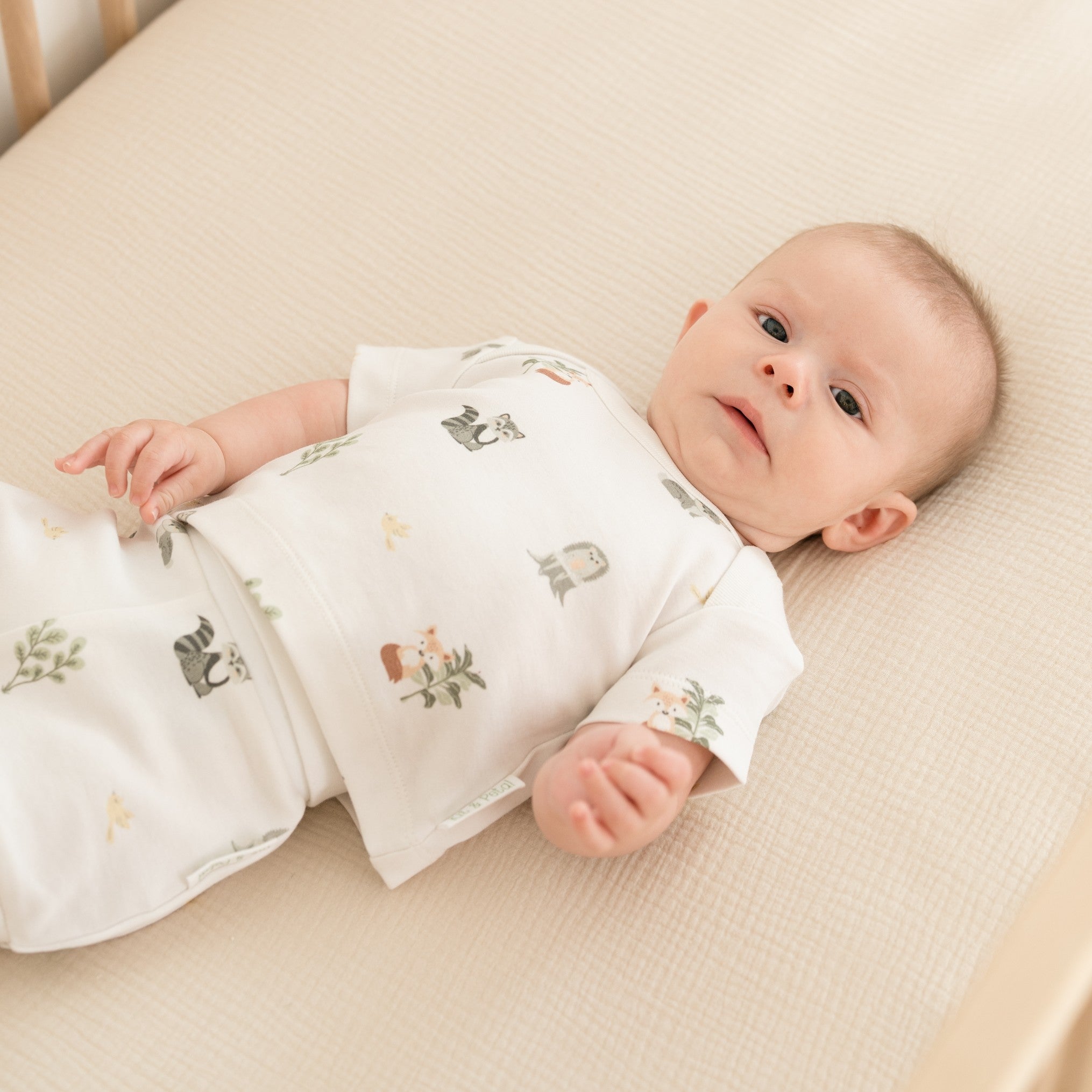 Baby wearing forest friends shirt and shorts laying in a crib